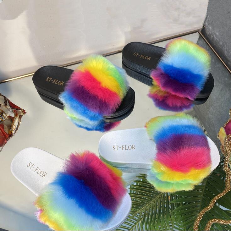 

Autumn/winter Women Durable Non-slip Sandals Rainbow Fur Slippers Outer Wear Flip Flop Outdoor Leisure All-match, Black