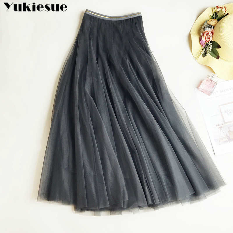 

Spring Summer Elegant Tutu Skirt Women Big Swing Mesh Gauze Tulle Faldas High Waist Maxi Long Pleated s Female 210608, Apricot
