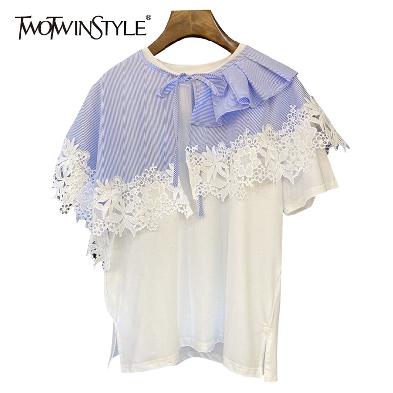 

TWOWINSYLE White Embroidery Shirt For Women O Neck Short Sleeve Casual Joker Shirts Female Fashion Clothing Summer 210524, Black