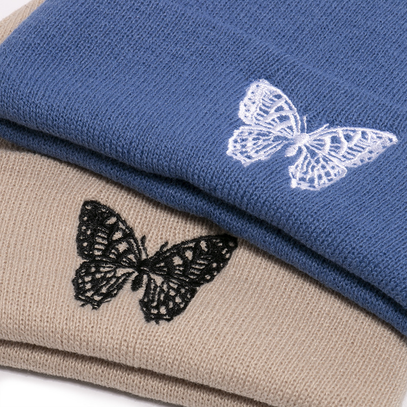 

Korean Style Autumn and Winter New Butterfly Printing Knitted Hat Sleeve Cap Travel Warm Hot Selling Woolen Cap, Yellow