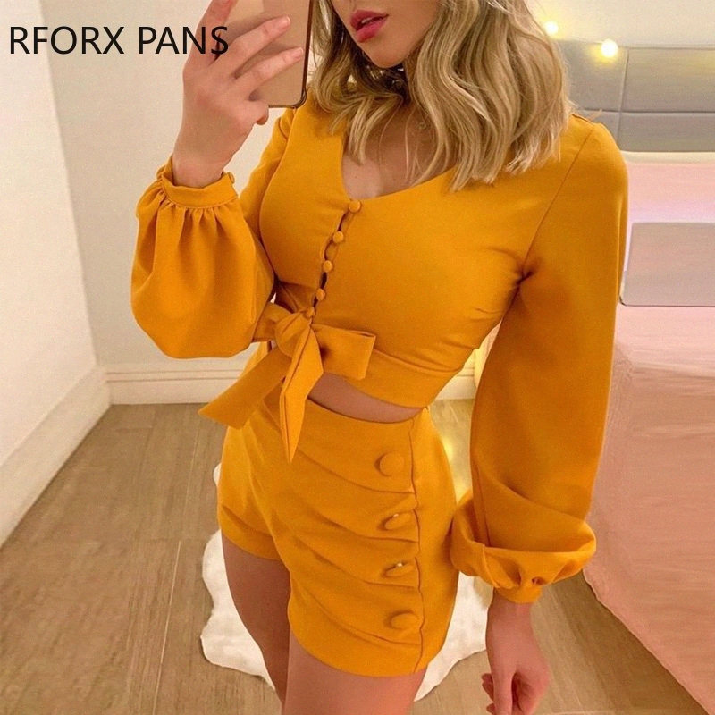 

lantern sleeve buttoned top and short sets k484, Yellow