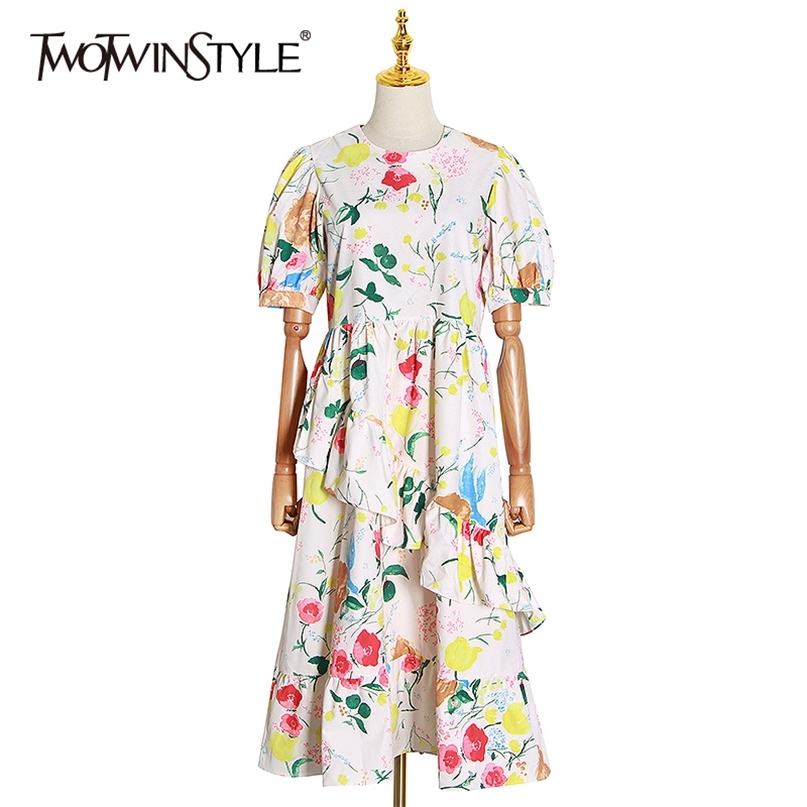 

Elegant Print Women Dress O Neck Puff Short Sleeve High Waist Patchwork Ruffles Midi Dresses For Female Fashion 210520, As picture