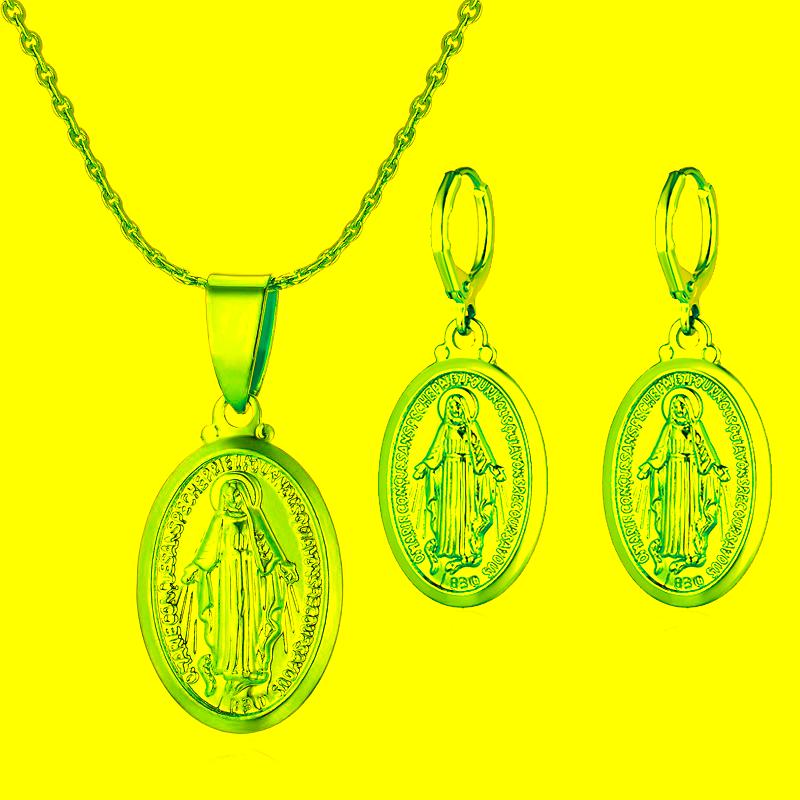 

Earrings & Necklace Virgin Mary Pendant For Women Girls,collar Mujer,Gold Color Our Lady Jewelry Sets Wholesale Colar Cross Chain, As pic