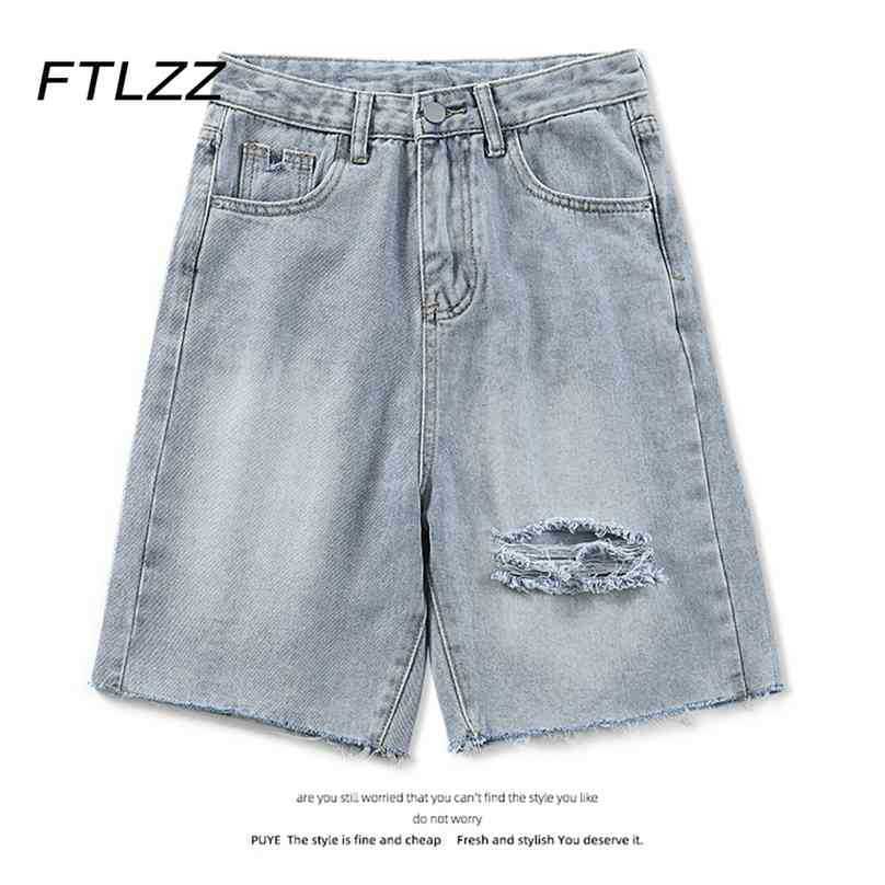 

Summer Streetwear Ripped Denim Shorts Women Vintage High Waist Slim Knee Length Jeans Pants Woman Loose Baggy Straight-leg 210525, Light blue