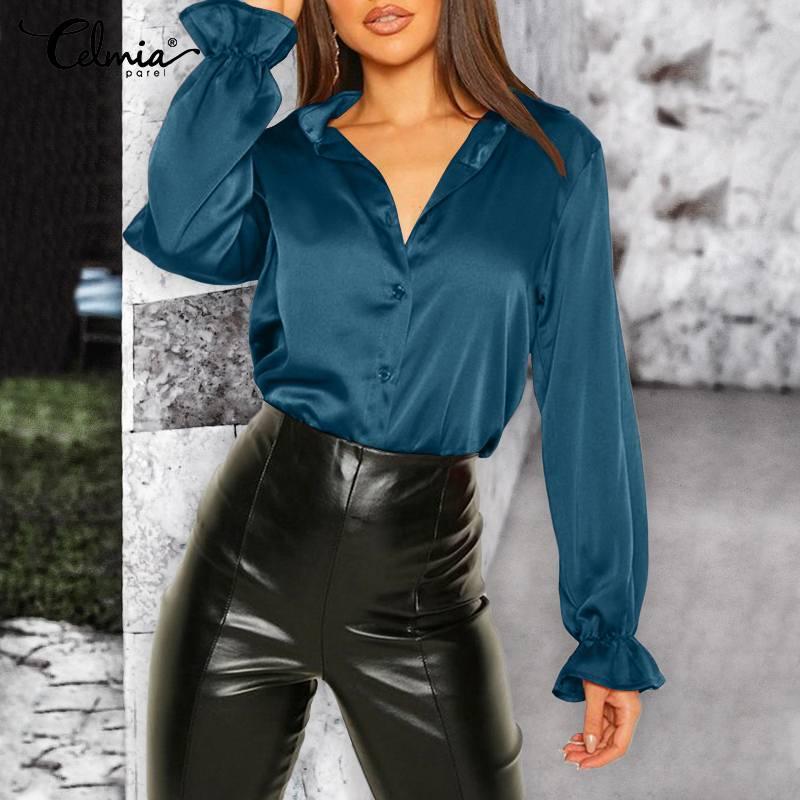 

Women's Blouses & Shirts Women Fashion Silk Tops Celmia Satin Blouse Elegant Office Lady Casual Long Flare Sleeve Lapel Shirt Loose Blusas F, White