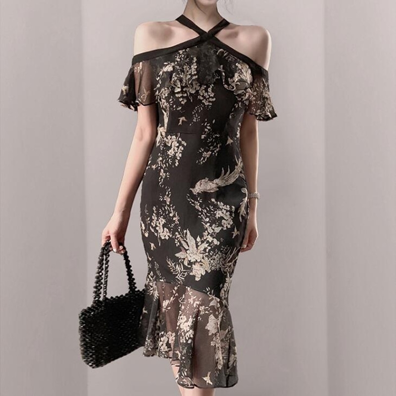 

Summer Sleeveless Tank Maxi Dress Spring Halter Folds Elegant Boho Long Women Floral Print Mermaid Party 210520, Picture color