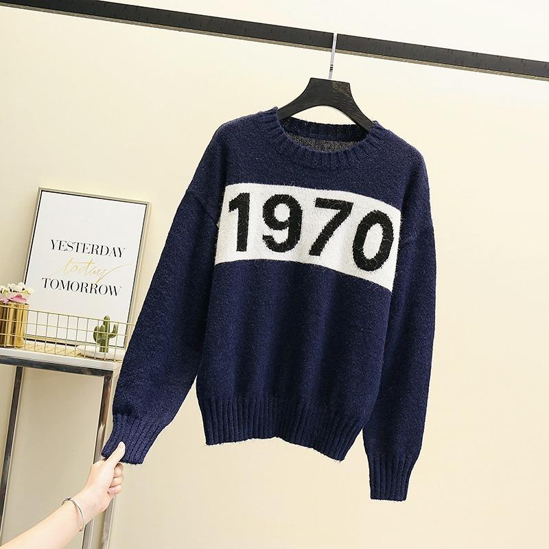 

Women's Sweaters 1970 Letter Print Sweater Own Design Knitted Long-sleeved Top Korean Fashion Kawaii Pullover Clothes, Free size