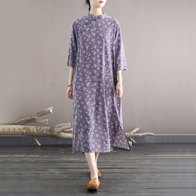

Casual Dresses Johnature Women Vintage Print Floral Dress A-Line Cotton Stand Seven Sleeve Cheongsam 2021 Autumn Chinese Style, Purple
