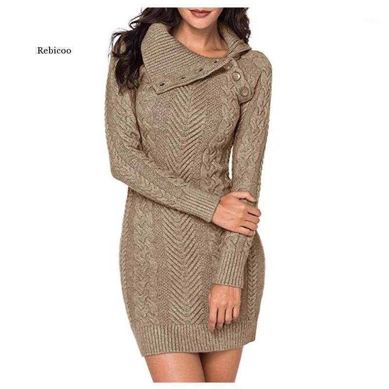 

Women Slim Fit Asymmetric Buttoned Collar Long Sleeve Knit Sweater Midi Dress Casual Dresses, Champagne