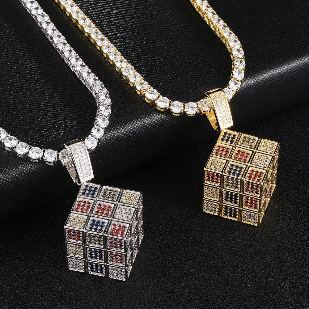 

Iced Out Magic Cube Pendant Multicolor Micro Pave Cubic Zircon Necklace for Men Women Gifts Fashion Hip Hop Jewelry X0509