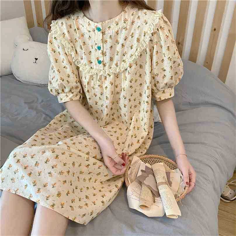 

All Match Summer Printed Short Sleeves Homerwear Loose Nightdress Pajamas Romance Florals Sweet Gentle Dress 210525, Orange