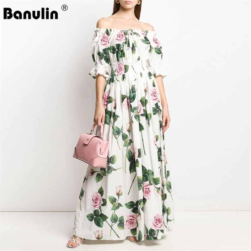 

Banulin Summer Fashion Runway Boho Maxi Dresses Women's Off Shoulder Puff Sleeve Flowers Print Holiday Elegant Party Long Dress 210603, White