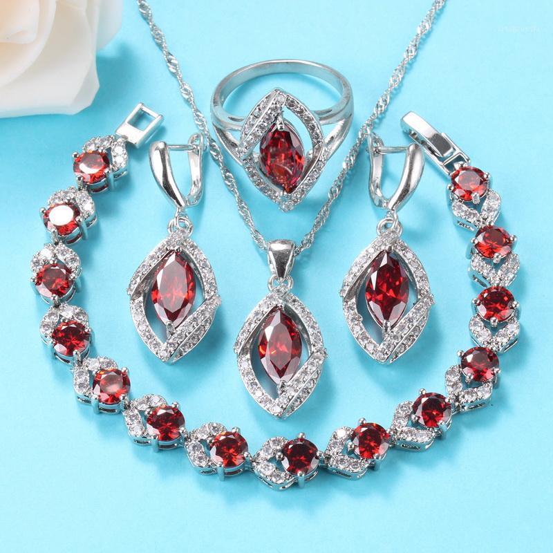 

Earrings & Necklace Fashion Jewelry Sets 2022 Bridal Wedding Accessories Red Garnet With Bracelet And Ring 5-Colors, Silver