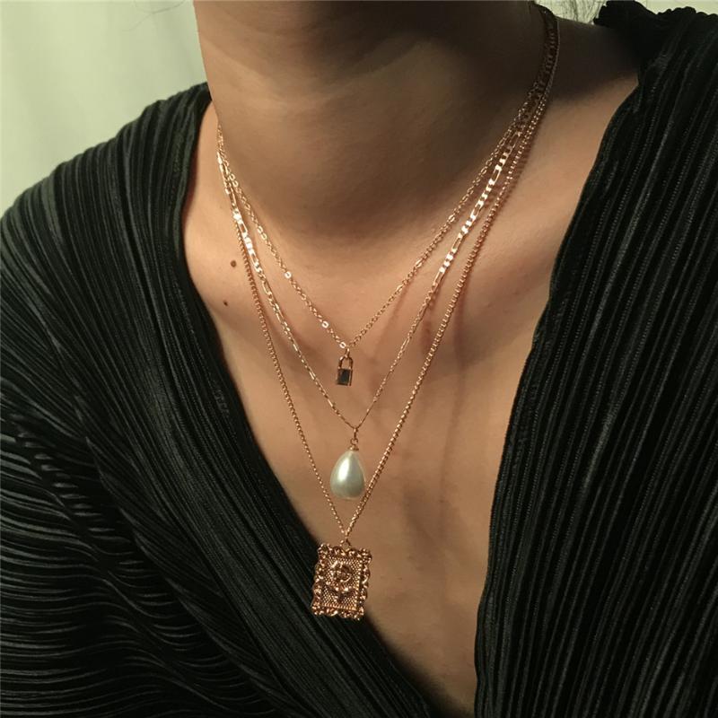 

Pendant Necklaces Punk Multi Layer Imitation Lock Pearl Choker Necklace Collar Statement Square Rose Women Jewelry Personalized, Silver
