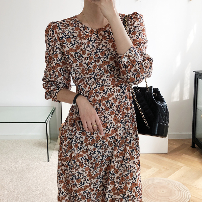 

Women's Small Floral Summer Dress Ladies O Neck Long Sleeved Spring Smmer Slim Midum Length Chiffon Dresses For Fashion 210520, Black