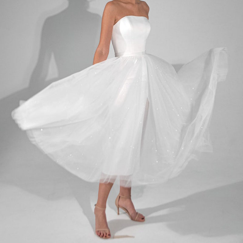 

Simple Short Wedding Dress Strapless Lace-up Back Tea Length Bridal Gowns Satin Tulle, Ivory