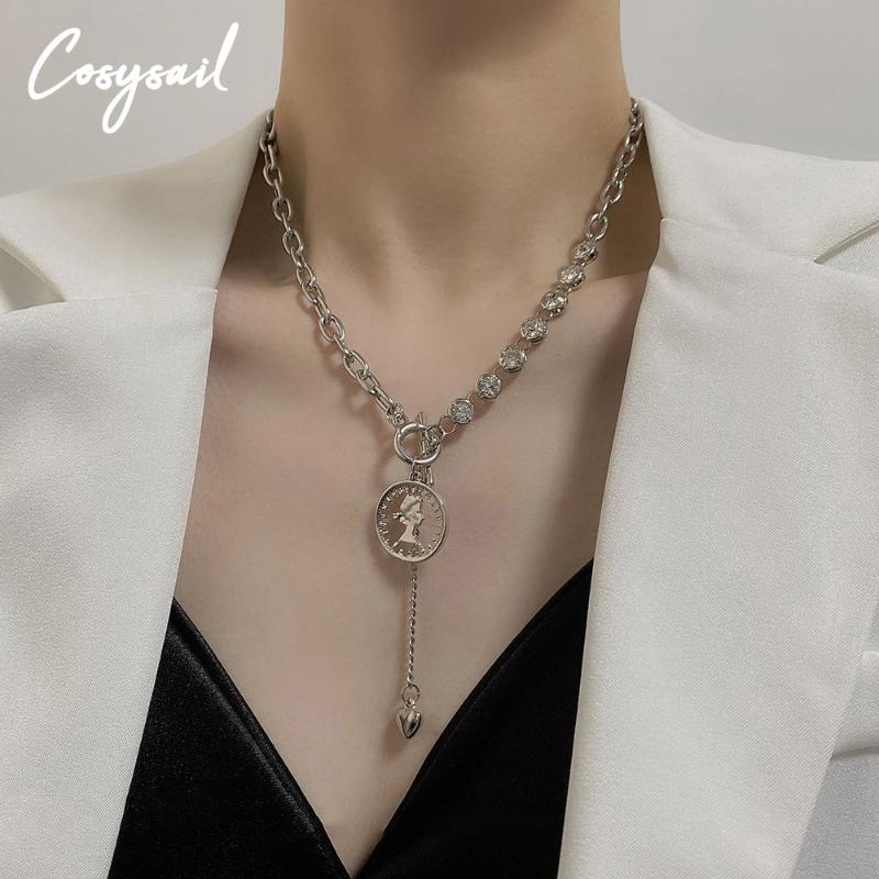 

Chains Cosysail Punk Stainless Steel Thick Chain OT Buckle Necklace Portrait With Heart Pendant Party Statement Jewelry Gift, Silver
