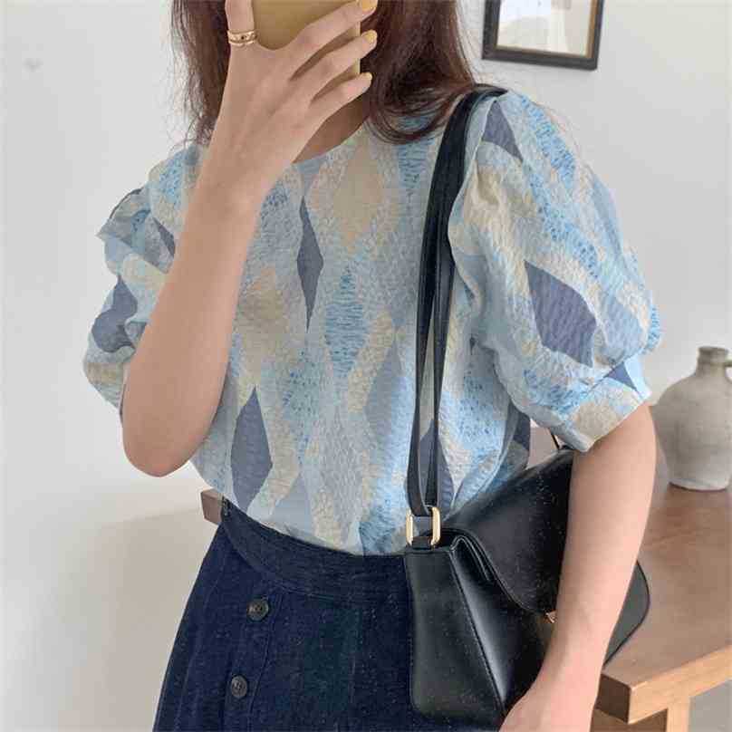 

Loose Blue Casual Geometric Puff Sleeves Summer Pullovers Gentle Lady Femme Tops Sweet Clothe Blouses 210525, Photo color