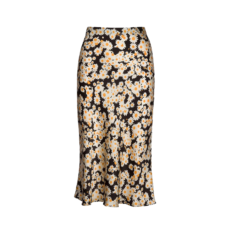 

Floral Print Girls Silk Pencil Skirts Women Fashion High Waist Slim Skirt Ladies Chic Boho Midi Mermaid Jupe femme 210521, Golden