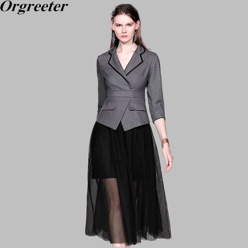 

Graceful Work OL Blazer Dress Spring Autumn High Quality Notched Fake two-piece suit Mesh Patchwork Long -XXL 210525, Gray