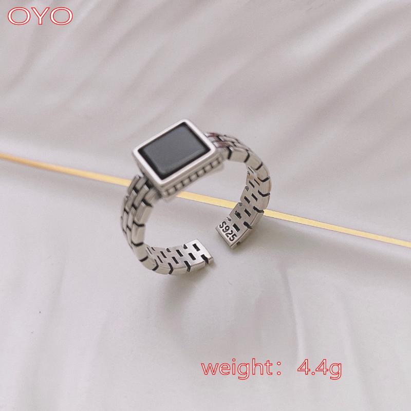 

Cluster Rings Real S925 Sterling Silver Black Agate Square Female Ring, Golden;silver
