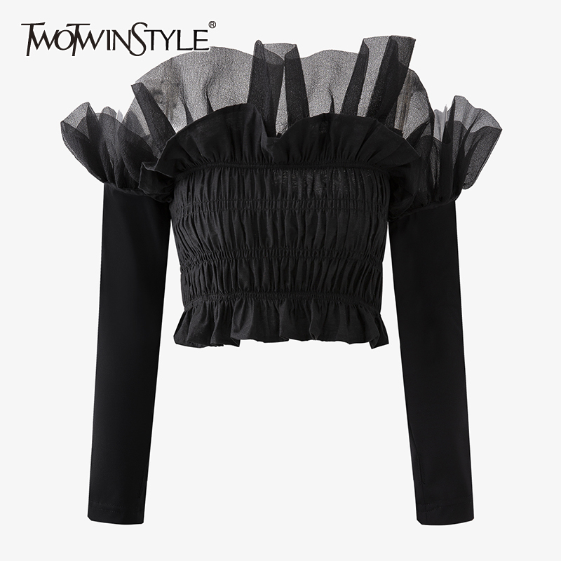 

Black Patchwork Mesh Ruffle Shirt For Women Slash Neck Long Sleeve Ruched Slim Blouses FemaleS Summer Fashion StylE 210524