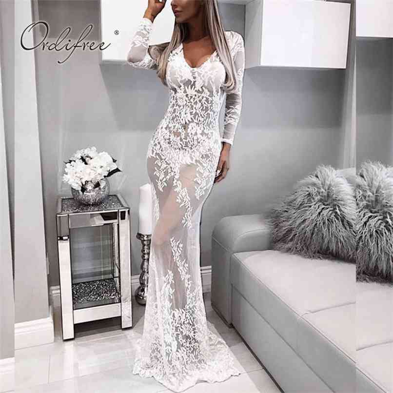 

Summer Women Long Party Mermaid Dress Sleeve Sexy Transparent White Lace Maxi Vocation Tunic Beach 210513