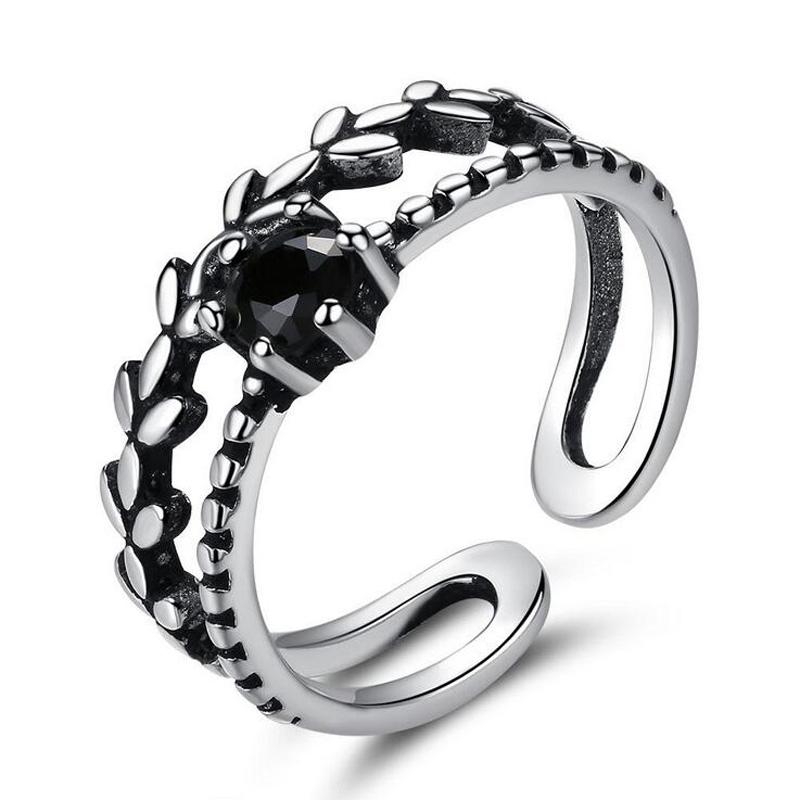 

Cluster Rings Sunnyyou Trendy Simple Black Zircon Round Open Ring For Women Antique Silver Vintage Punk Adjustable Tail Gift Jewelry