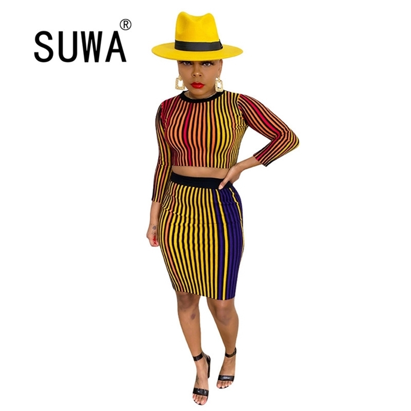 

Contrast Color Striped Patchwork Elegant Office Wear Women Sets With Skirts Long Sleeve Top Tunic Bodycon Knee Length Dress 210525, Multi