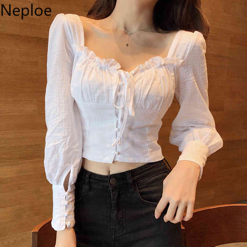 Neploe Women Blouses Sexy Puff Sleeve Vintage Short Blusas Mujer Square Collar Lace Up Ruffles Shirt Sweet White Blouse Tops 210422