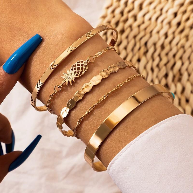 

Bangle Bohemian Pineapple Crystal Butterfly Charm Bangles Set Irregular Twist Hollow Knot Hexagon Coin Bracelet Gold Color Wrist Jewel