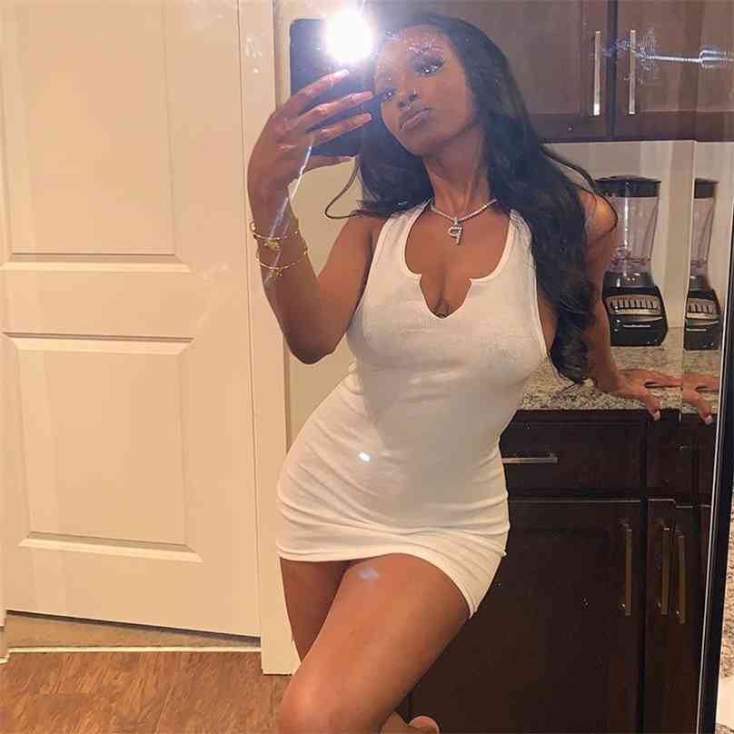 

cotton sleeveless v-neck women dress elastic fitness fashion solid white skinny bodycon mini dresses streetwear outfits 210607