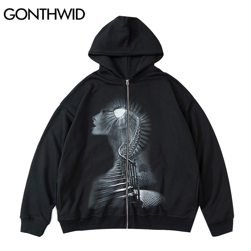 

GONTHWID Mens Hip Hop Zip Up Streetwear Hooded Sweatshirt Jacket Gothic Vintage Print Zipper Hoodie Black 211110