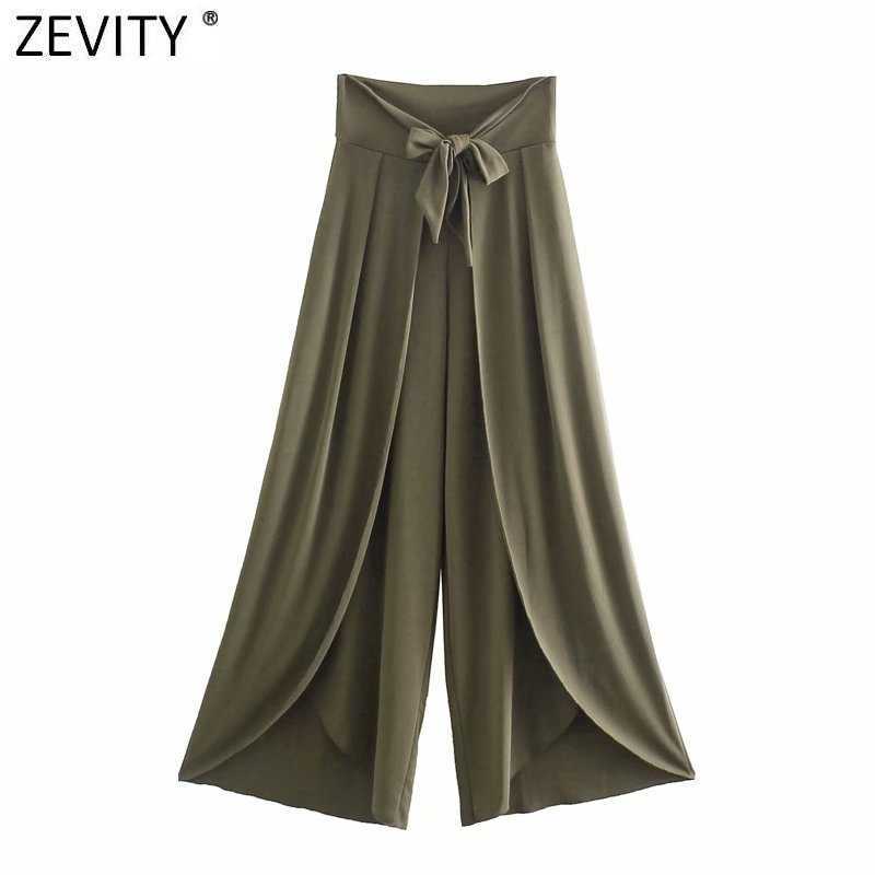 

Zevity Women Vintage Solid Color Front Bow Tied Hem Irregular Wide Leg Pants Retro Femme Chic Ankle Length Sarong Trousers P1013 210603, As pic p1013nn