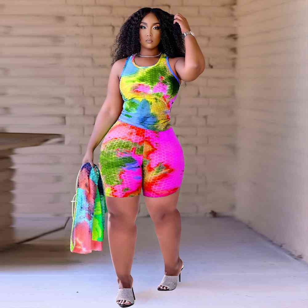 

Rainbow Tie Dye Printed Two Piece Set Summer Outfits for Women Sleeveless Tank Top and Biker Shorts Loungewear Matching Suits X0428, Purple