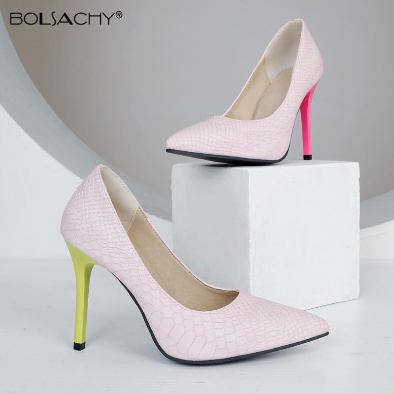

Pumps Women 10cm Pink Pointed Toe Stiletto Heels PU Leather/Denim Shallow Dress Shoes Wedding Party 32-43, Black