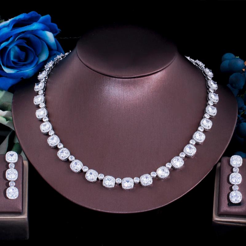 

Earrings & Necklace ThreeGraces Gorgeous Cubic Zirconia Geometric Square Dangle And Wedding Bridal Jewelry Set For Brides TZ646, As pic