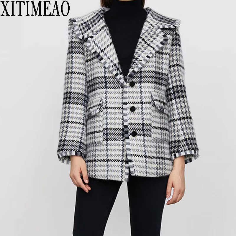 

ZA Women Long Sleeve Plaid Jacket Autumn Winter Coat Fashion Loose Outwear Vintage Elegant Top Heavy Woolen Overcoat 210602, As picture