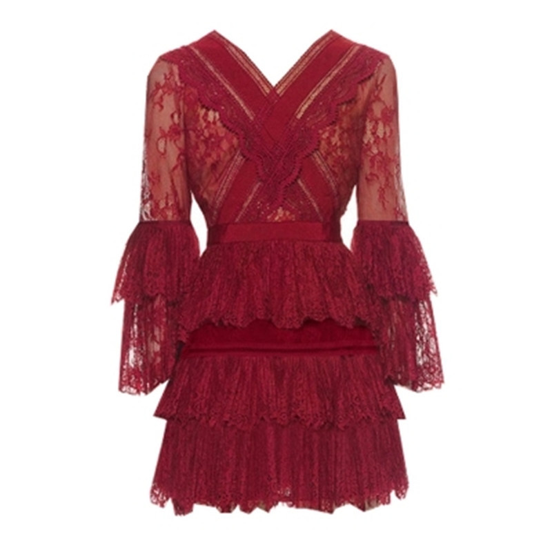 

High Quality Sexy Women Party Dress Self Portrait Lace See Though Cross V neck Ruffle Flare Sleeve Frill Layers 210525, Picture color