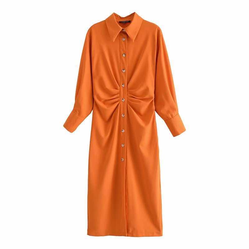 

Women Pleated Shirt Dress Fashion Long Sleeves Button-up Side Zipper Chic Lady Casual Midi Dresses Woman Robe 210709