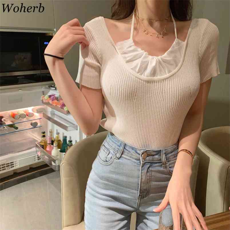 

Women T Shirt Fashion Fake Two-piece Short-sleeve Tshirt Summer Slim Knitted Patchwork Tees Korean O Neck Sexy Crop Tops 210519, White