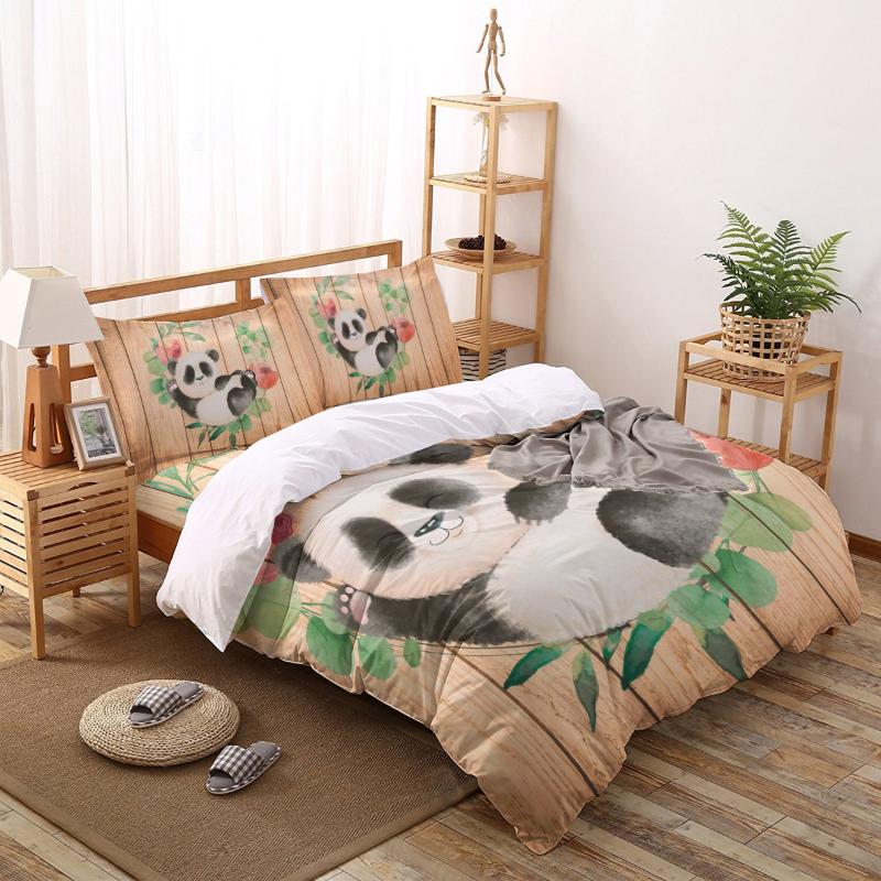 

Bedding Sets Watercolor Panda Wood Grain Flowers Duvet Cover Pillow Case Bed Sheet Boy Kid Girl Set King Queen  Full Home Textile, As pic
