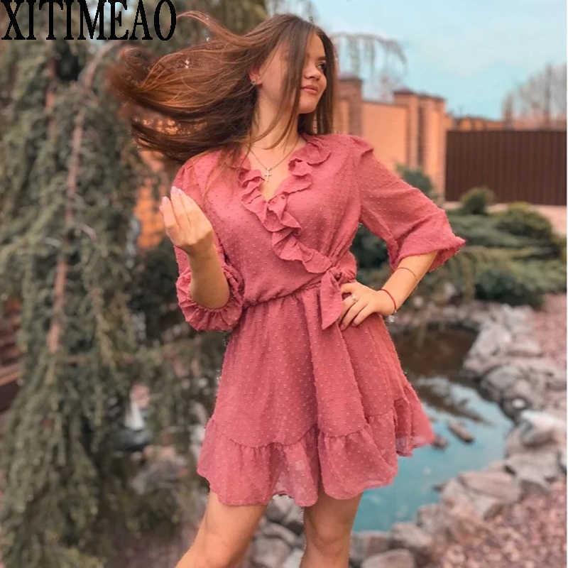 

ZA Women Long Sleeve Dress Chiffon es Ruffles Female Holiday V Neck Sexy Mini XITIMEAO 210604, White