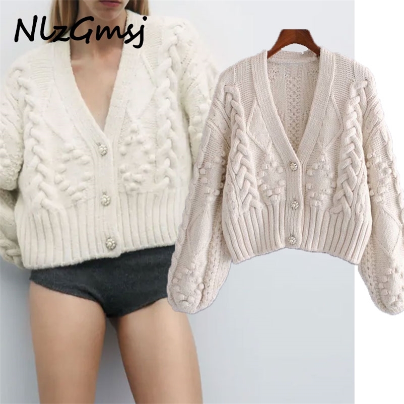 

Women Beading Buttons Twist Cardigan Jumper Short Style Vintage Oversized Knitted Coat 210628, As picture