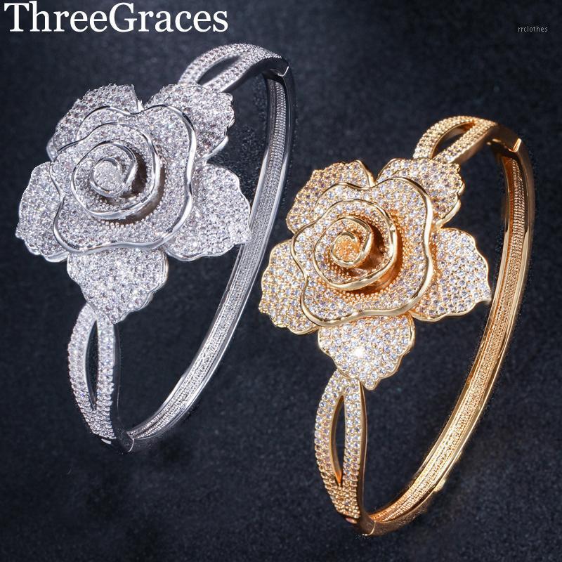 

ThreeGraces Gorgeous Cubic Zirconia Stone Ladies Silver Gold Color Big Flower Hand Bangles For Bridal Wedding Jewelry BA026 Bangle