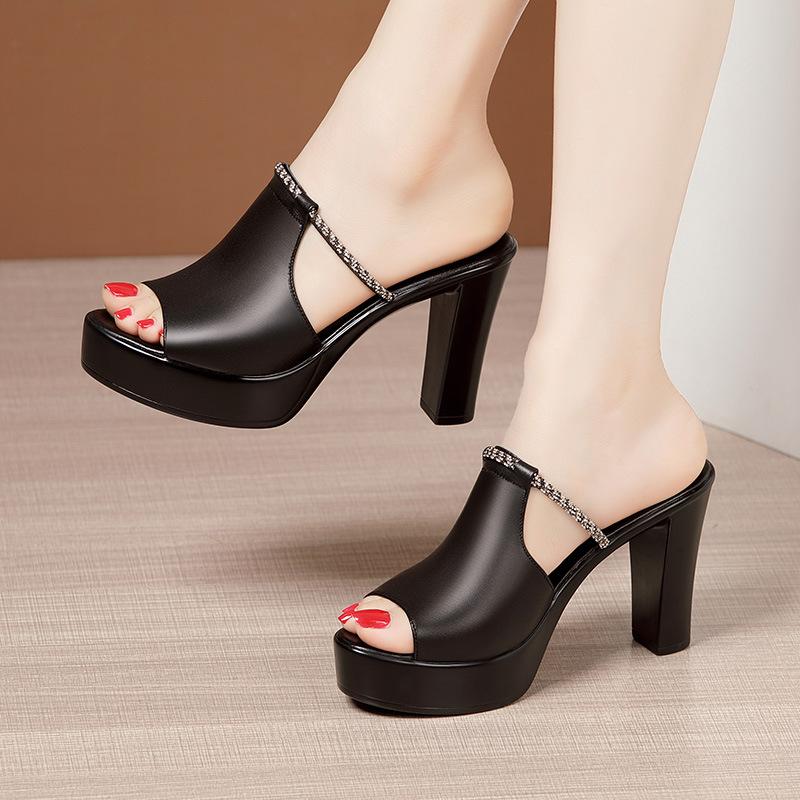 

Slippers Plus Size 32-43 Peep Toe Block High Heels Slides For Women Summer Wedding Shoes 2021 Chunky Platform OL Office, Black