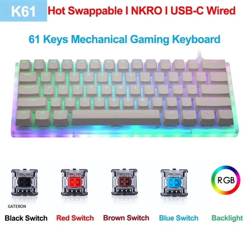 

K61 61 Keys Mechanical Gaming Keyboard Gateron Switch Swappable USB-C Wired RGB Backlight Translucent Glass Base ABS Keycap 210610