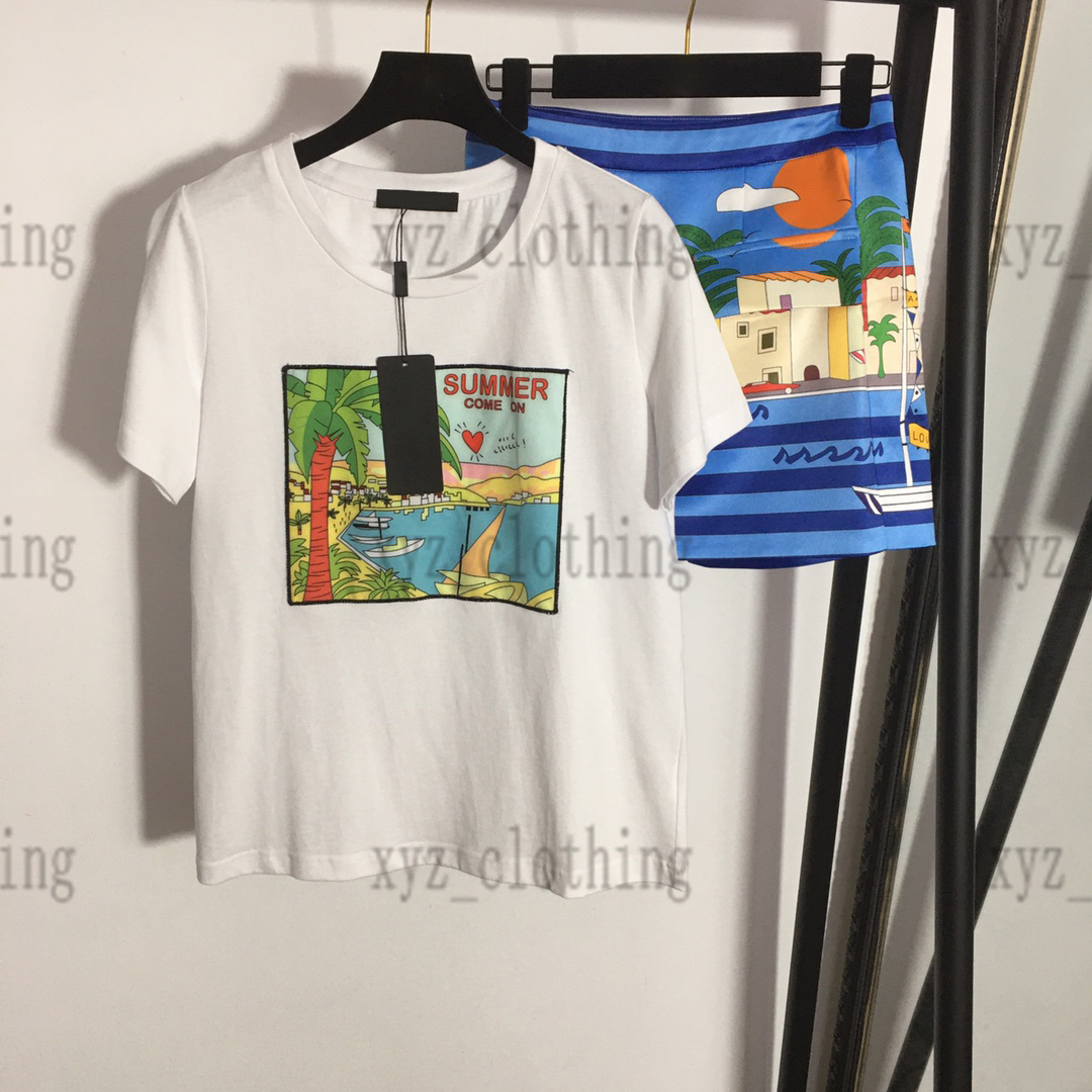 

hihg-end pants sets New Suit Resort Fashion Print Short Sleeve T-Shirt + High Waist Short Skirtwomen t-shirts sweater suits brand designer tees female top, 01
