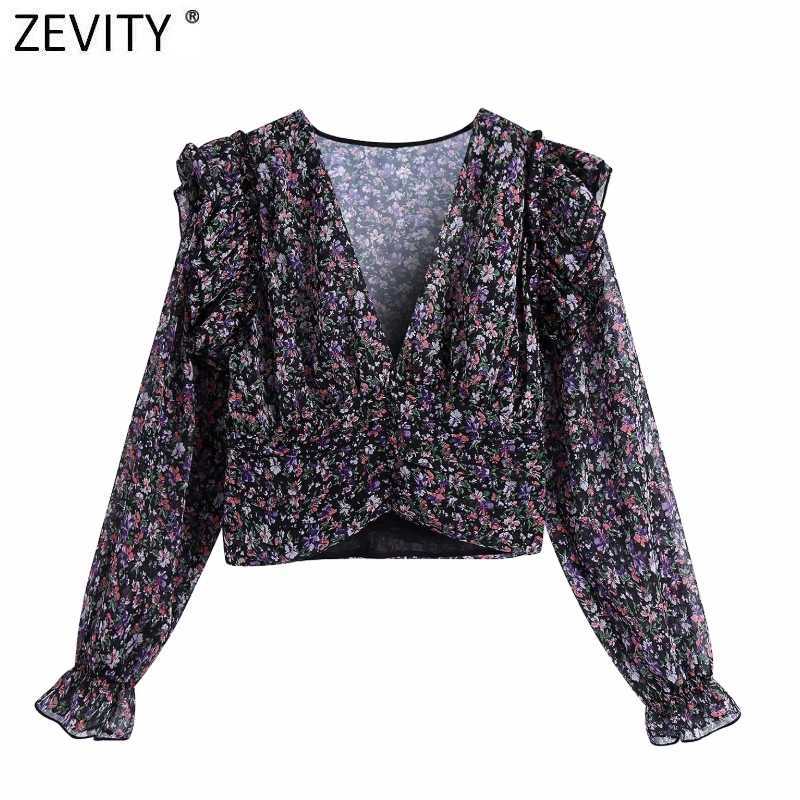 

Zevity Women Vintage V Neck Floral Print Chiffon Smock Blouse Office Lady Cascading Ruffle Short Shirts Chic Blusas Tops LS7409 210603, As pic ls7409bb