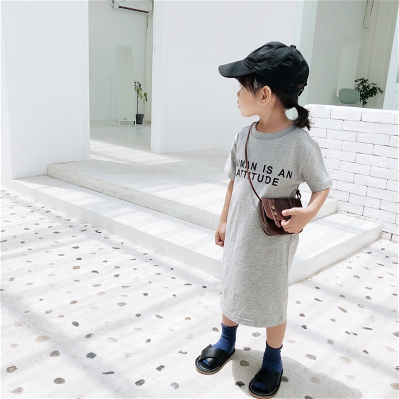 

Korean style baby girls letters printed long T shirt dresses kids cotton casual clothes fashion children Backless Straight dress 210708, Gray